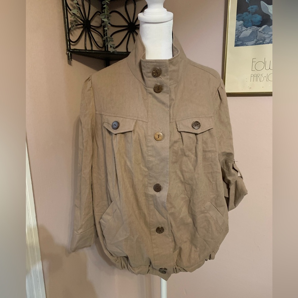 Mine Too 1X Tan linen Jacket 3/4 sleeves light spring neutral